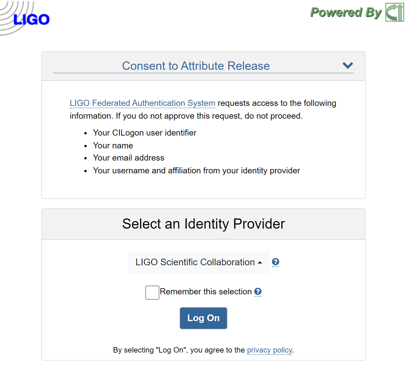 CILogon authorisation page